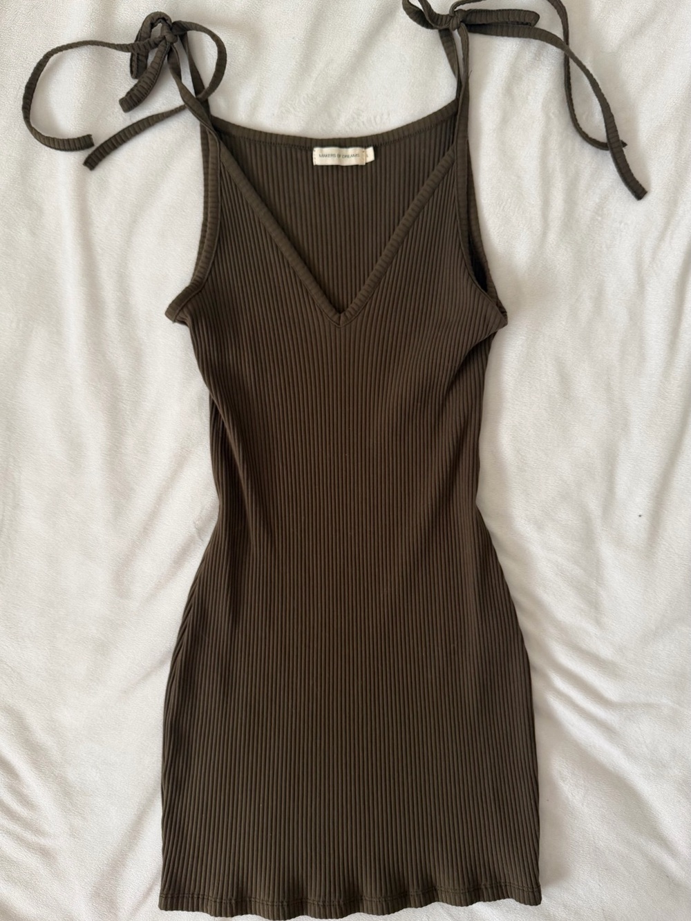 Ribbed Tie-Shoulder Mini Dress in Olive Green